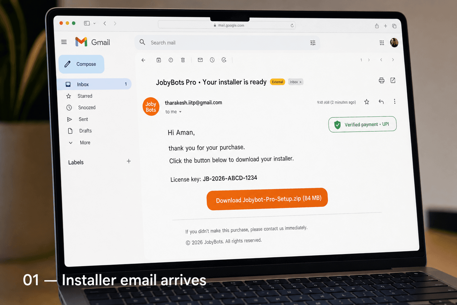 Installer email arrives in Gmail