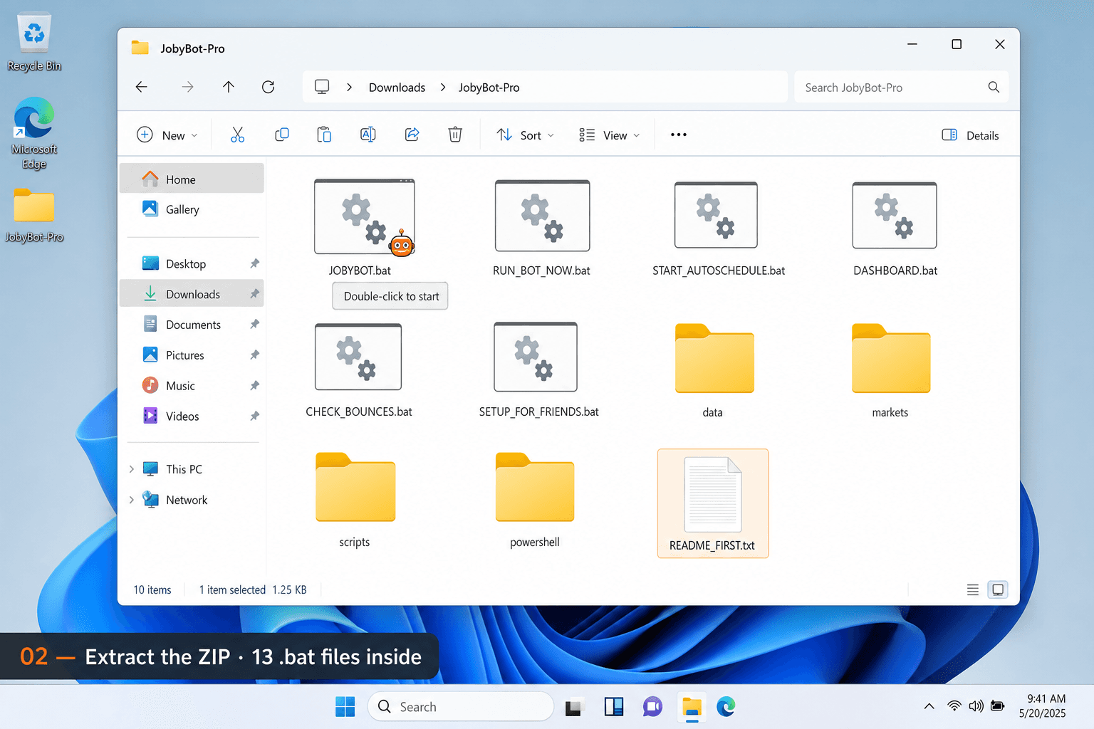 ZIP extracted showing 13 .bat files
