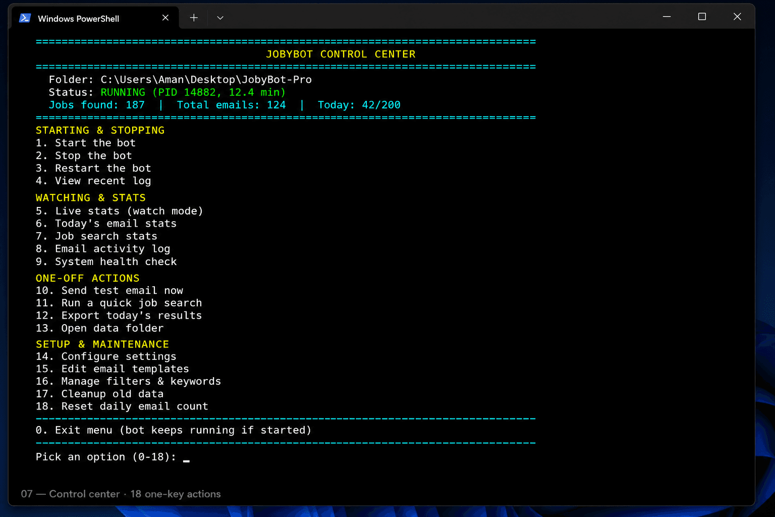 JOBYBOT Control Center menu with 18 options
