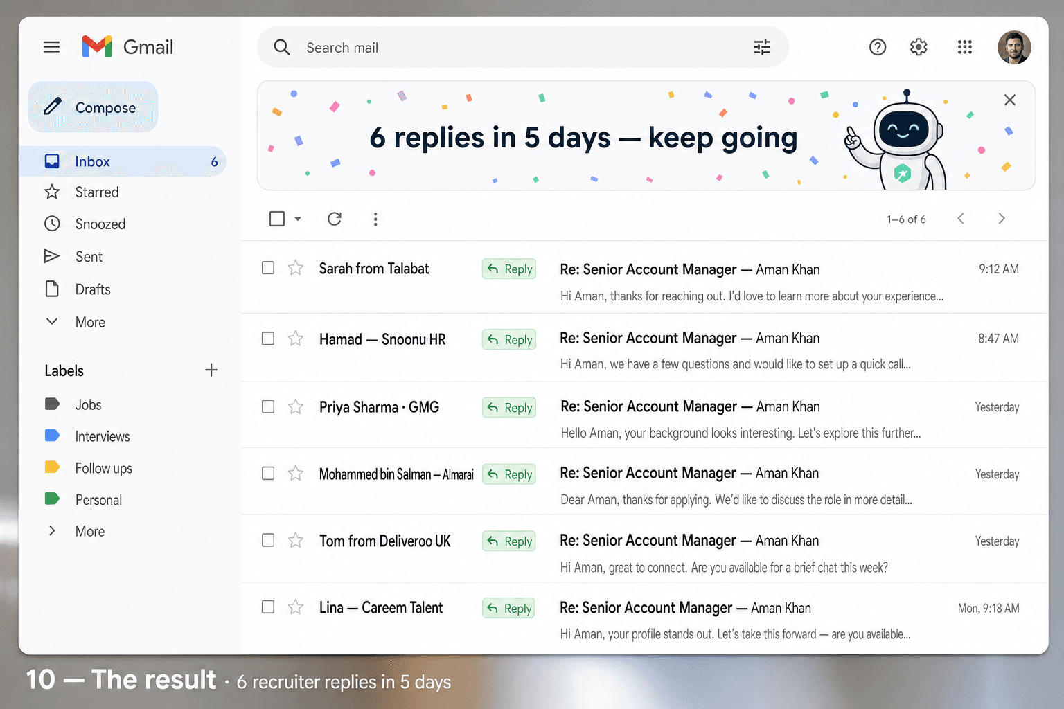 Six recruiter replies in Gmail inbox